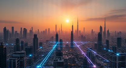 Dubai city skyline with network overlay symbolizing digital connectivity
