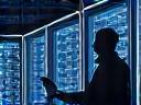 Engineers checking network server racks